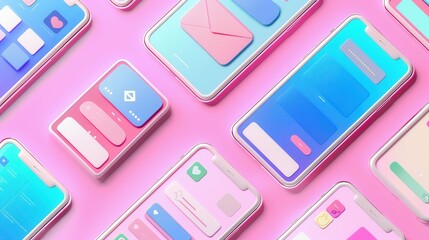 Multiple smartphone screens showcase colorful stories and short clips, engaging users in an interactive digital experience. Generative AI