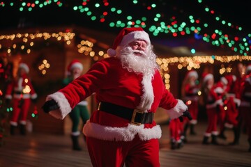Cheerful Santa Claus dancing joyfully among festive decorations at a holiday celebration in December