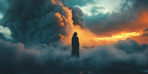 Silhouette of a lone figure standing on clouds with dramatic sky backdrop