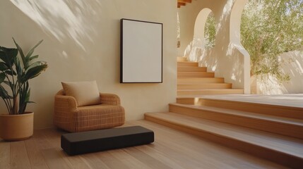A small black mockup frame hangs in an elegant living room, flooded with natural light, featuring wooden floors, arched windows, and comfortable rattan chairs