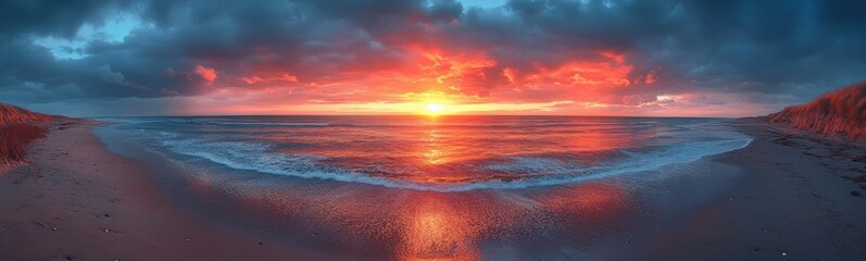 Fototapeta premium Sunset over the ocean with a red sky and clouds