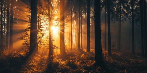 Golden Sunlight Streaming Through Tall Trees in Misty Forest