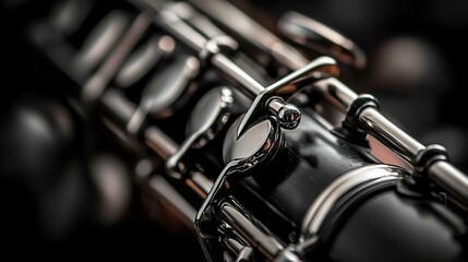 Fototapeta premium A close-up view of a woodwind instrument showcases its intricate keys and polished finish, highlighting craftsmanship and musical elegance.