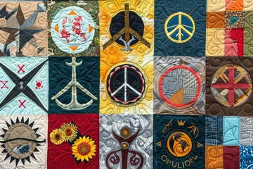 A patchwork quilt with symbols of peace and unity from around the world