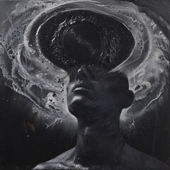 multidimensionally The Black Whole Truth. A surreal portrait depicting a person with a cosmic swirl emanating from their head, blending human form with elements of the universe.