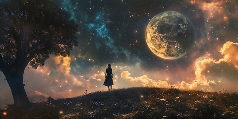 Fototapeta premium Silhouette of a Woman Gazing at Giant Moon in Fantasy Landscape