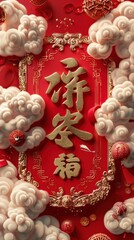 A vibrant chinese red background features intricate golden designs and soft clouds, symbolizing prosperity and richness, often associated with traditional celebrations.
