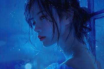 A serene profile of a woman illuminated in blue tones, with droplets of water creating a dreamy, ethereal atmosphere.