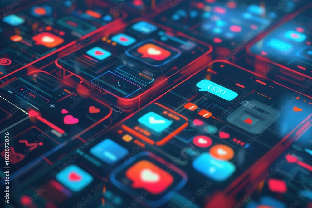 Poster a collection of smartphones showcases vibrant like and comment icons, highlighting user engagement i