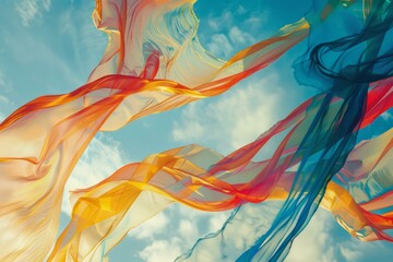 Obraz premium Colorful fabrics flowing in the wind against a blue sky with white clouds
