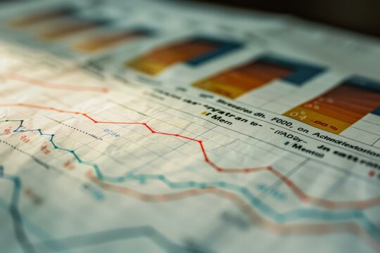 Red and blue lines are fluctuating on a financial chart, showing market volatility