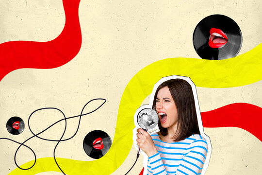 Composite photo collage of frown girl scream disco ball mic party occasion karaoke singer entertainment isolated on painted background - Powered by Adobe