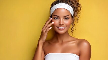 Beautiful, Smiling Latin Woman with White Headband on Yellow Background. Beauty Portrait.