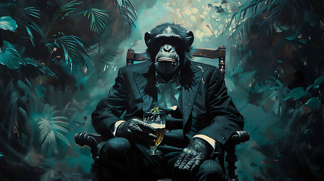 A monkey dressed in a suit relaxes on a chair, holding a beer in hand, set against a lush jungle background, creating a whimsical scene