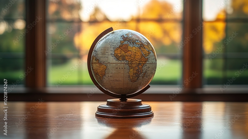 Wall mural a vintage globe sits on a wooden table in front of a window with a blurred autumnal view.