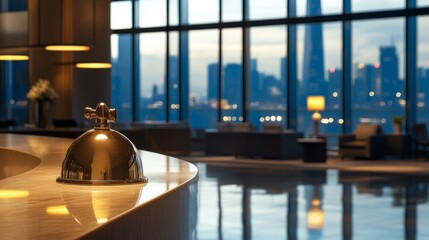 A hotel bell on a modern reception desk with the city skyline visible through the windows generative ai