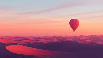 Fototapeta premium A hot air balloon soars through the blue sky against a backdrop of golden sand dunes, creating a picturesque scene in the arid desert landscape
