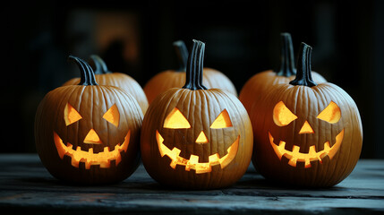 Fototapeta premium Pumpkins carved out for Halloween decorations with warm lights in the darkness