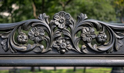 Decorative features on the arm rest of a park bench