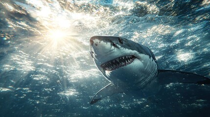   A great white shark glides below the water's surface, basking in the sunlight