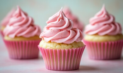 Delicate vanilla cupcakes topped with generous pink frosting swirls, set against a soft pastel background, showcasing a meticulously decorated and visually appealing dessert treat