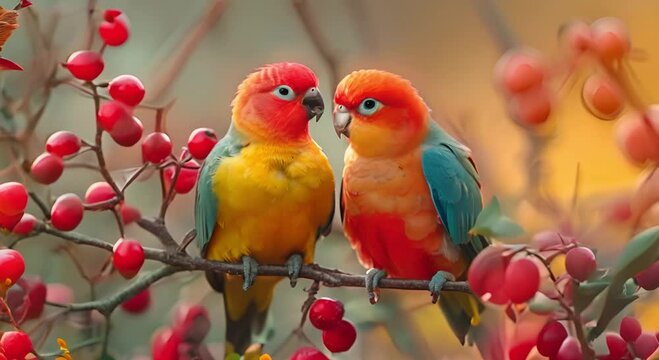 Two colorful parrots perched on a branch with red berries