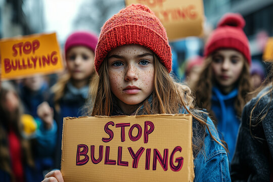 A group of kids holding signs reading "STOP BULLYING" in solidarity with someone being bullied in the center of the frame.