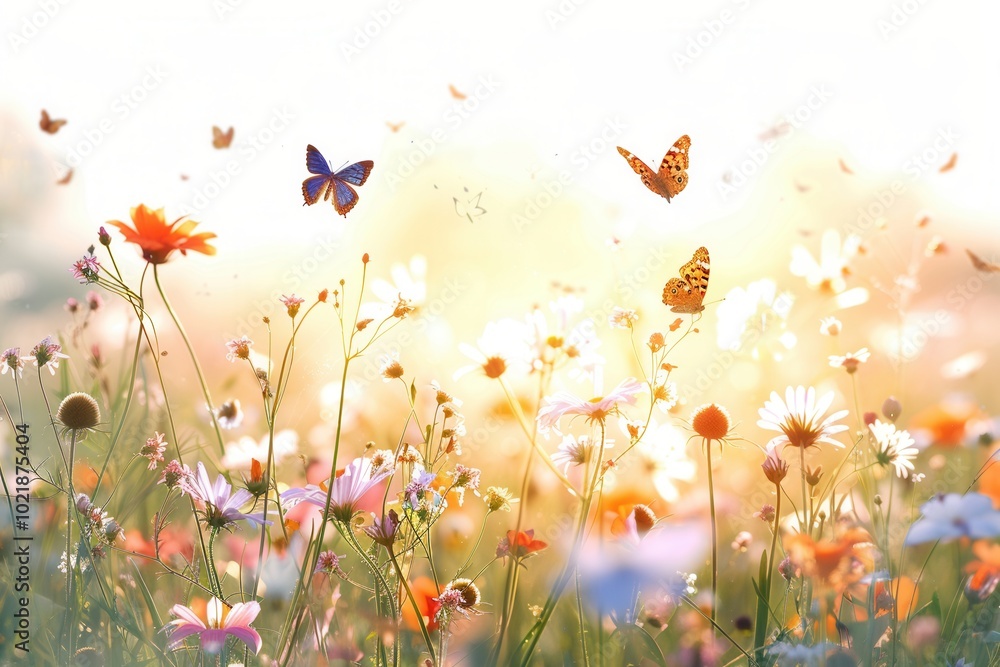 Poster a lively meadow teeming with colorful flowers and butterflies fluttering around under the soft sunli