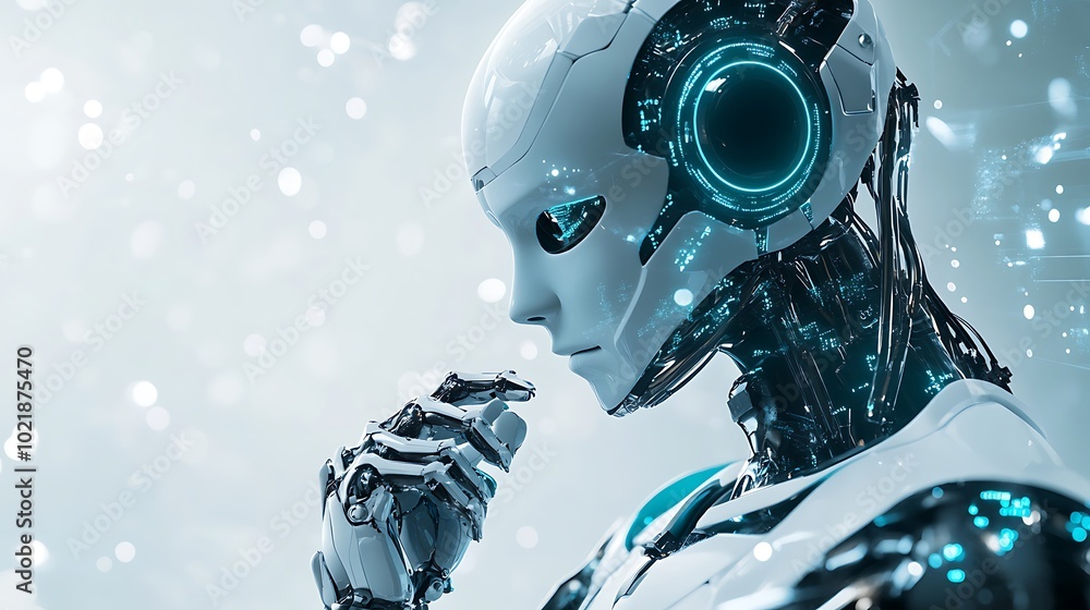 Poster futuristic android robot thinking or meditating on white background with light particles.