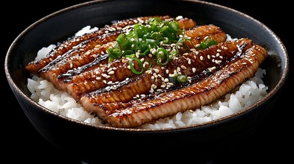Unagi Donburi (Grilled Eel Rice Bowl): Perfectly grilled eel glazed in sweet soy sauce, served over a bed of fluffy white rice in a traditional lacquered bowl