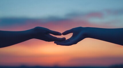 A pair of hands gently touching, silhouetted against a calm, twilight sky. generative ai