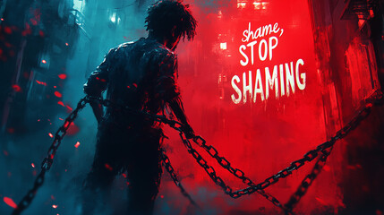 An artistic image of a figure breaking through chains labeled "shame," with "STOP SHAMING" written in glowing letters above.