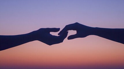 A pair of hands gently touching, silhouetted against a calm, twilight sky. generative ai
