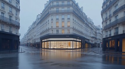 The sunset casts a warm glow over the deserted streets of Paris, lined with luxury stores featuring white walls and black windows, creating a serene and elegant ambiance