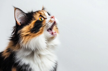 Close-up of a calico cat meowing with open mouth on a light background. Studio pet portrait. Design for poster, print, and wallpaper.