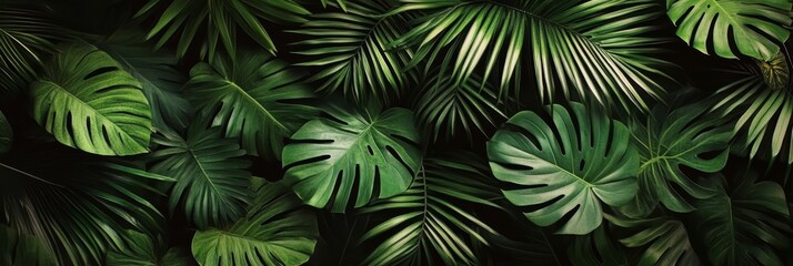 Tropical Background, Dark Green Monstera Leaves Pattern of Jungle Lush Foliage Texture.