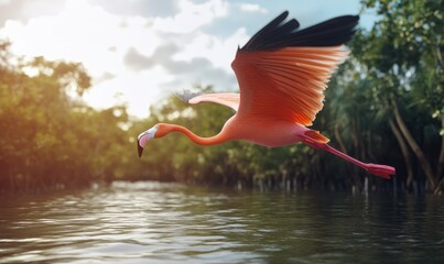 Fototapeta premium Dynamic Flamingo Flight Over Water
