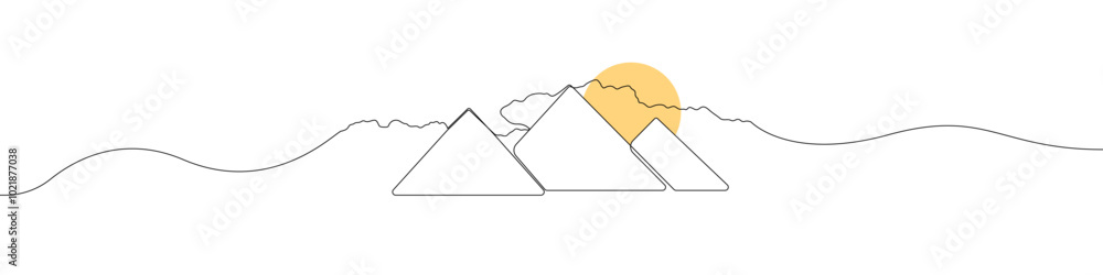 Poster mountains with sun icon line continuous drawing vector. one line pyramids icon vector background. mo