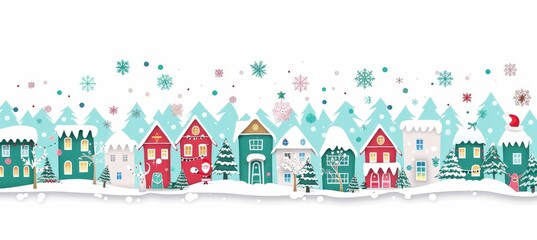 Obraz premium Christmas Winter Wonderland Town Seamless Pattern Colorful Festive Houses, Snowflakes, And Trees