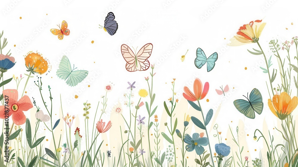 Aufkleber Butterflies flutter around a lush meadow adorned with various colorful flowers, creating a lively and serene atmosphere in springtime. Generative AI