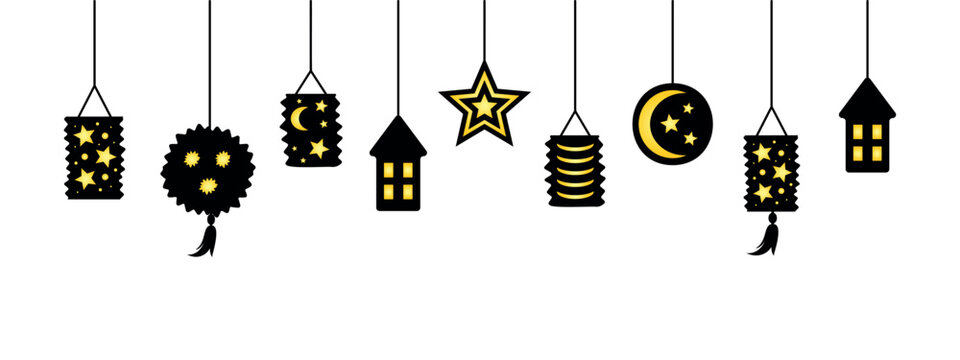 martinstag decoration, hanging lanterns, decorative top line for saint martin day, panoramic vector decoration