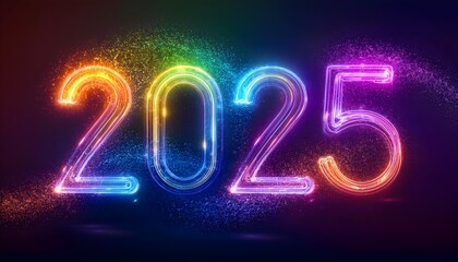 2025 neon shiny Sparkles text effect, isolated on a dark background, colorful banner. New Year Background banner
