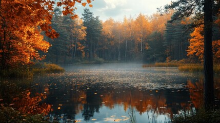 Misty autumn forest with a lake, golden leaves reflecting in the water, creating a tranquil and serene atmosphere.
