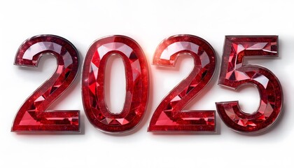 2025 red ruby and shinny text effect isolated on a white background. New Year banenr