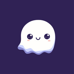 Cute Kawaii Ghost with Smiling Face on Dark Background – Halloween Cartoon Illustration