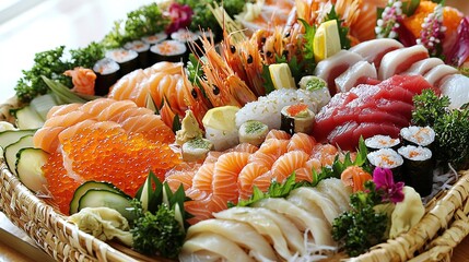 A vibrant, beautifully arranged platter of assorted sushi and sashimi, featuring colorful seafood, garnished with fresh vegetables and herbs.