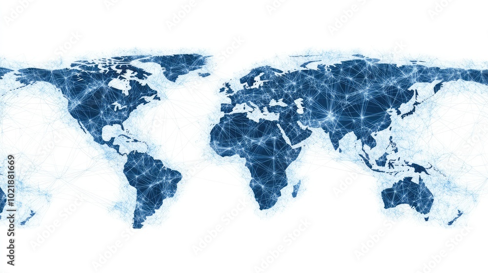 Poster the design features an abstract world map with intricate details, showcasing global network connecti