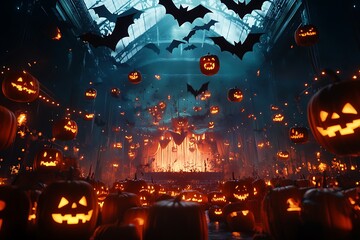 Halloween decorations with pumpkins, bats, and spooky ambiance for a festive and eerie event