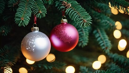 Obraz premium Colorful Christmas decorations adorn the branches of a spruce tree, vibrant balls in shades of red, silver, white and pink, embodying holiday cheer in winter. Happy New Year background. Generative AI