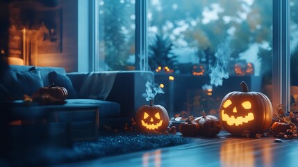 Fototapeta premium Spooky Halloween living room with glowing jack o' lanterns and decorations